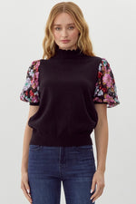 Jodifl  Black knit mock neck top with multicolor sequin floral puff sleeves