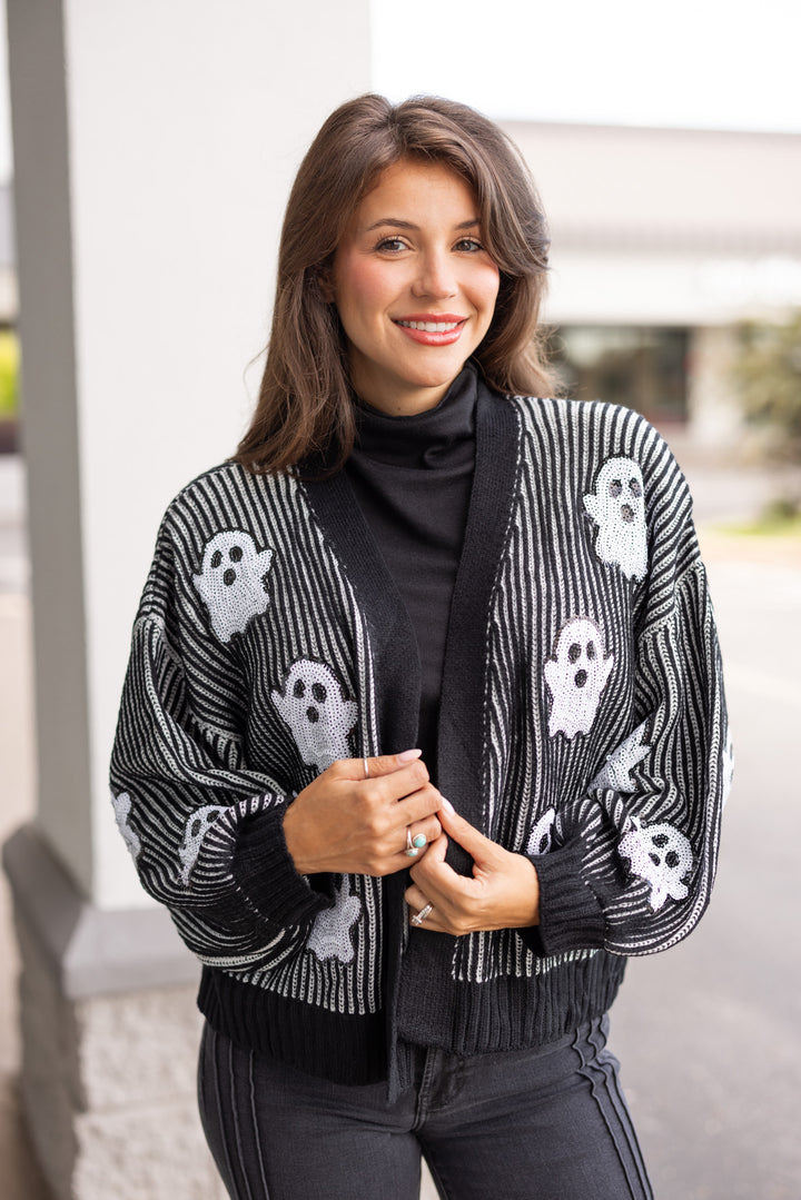 black white sequin ghost halloween sweater cardigan