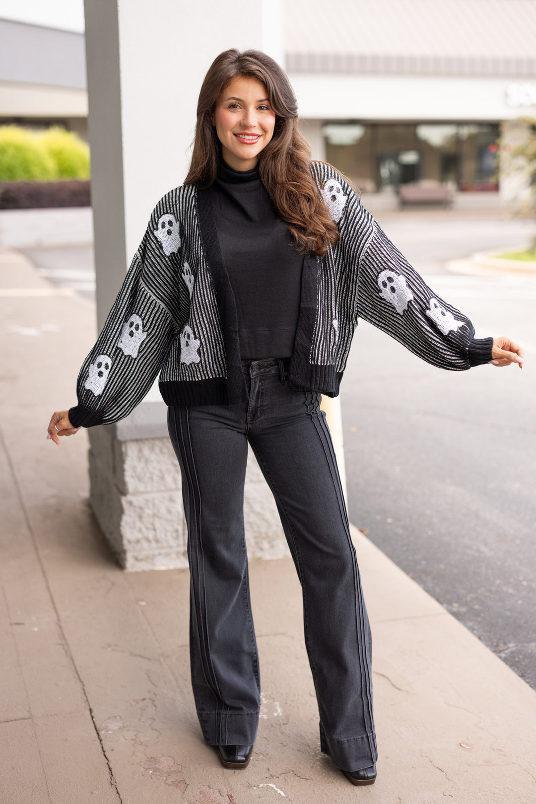 black white sequin ghost halloween knit cardigan