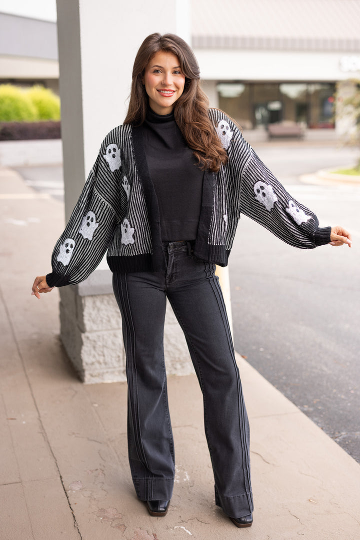black white sequin ghost halloween knit cardigan