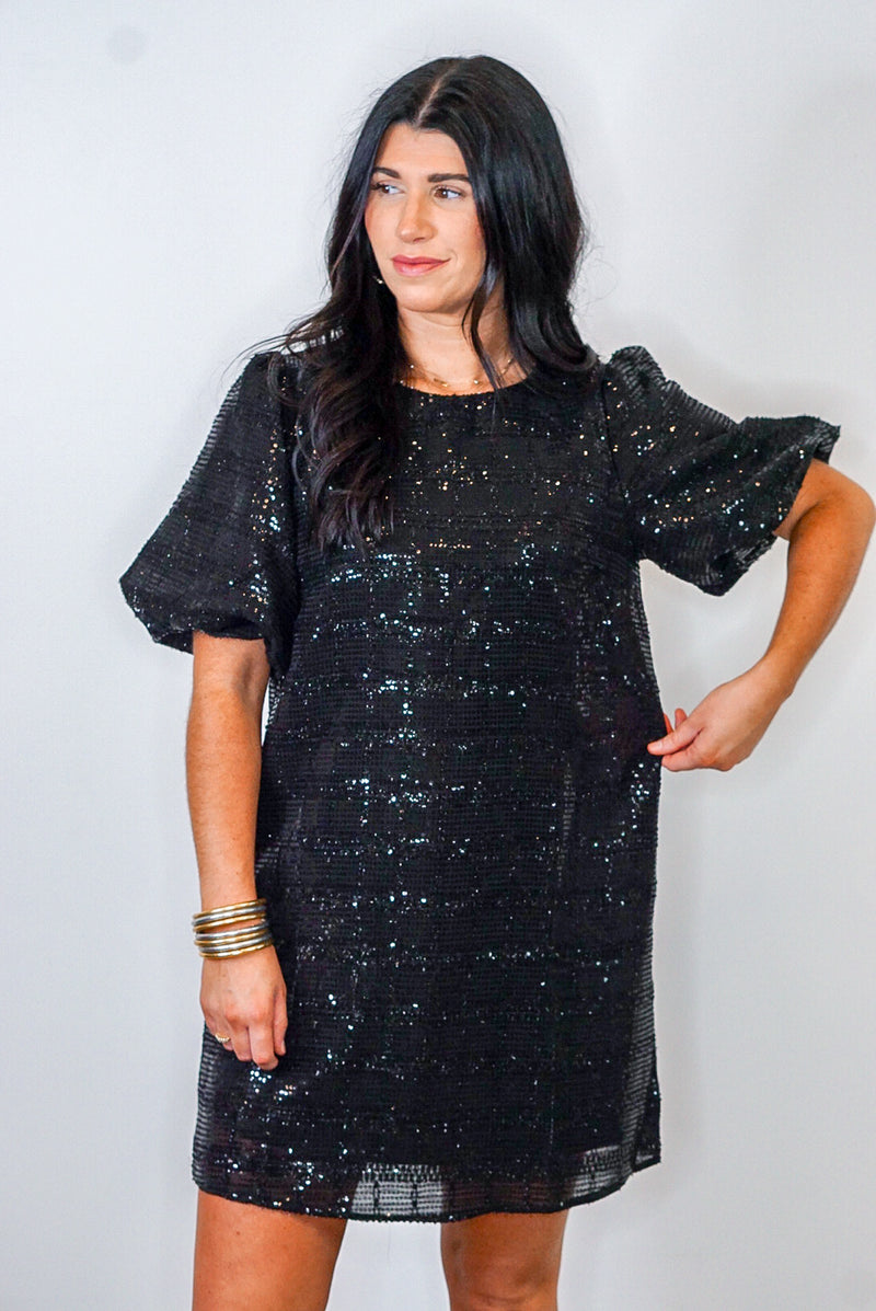 black sequin shift dress