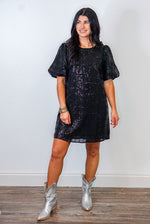 black sequin shift dress