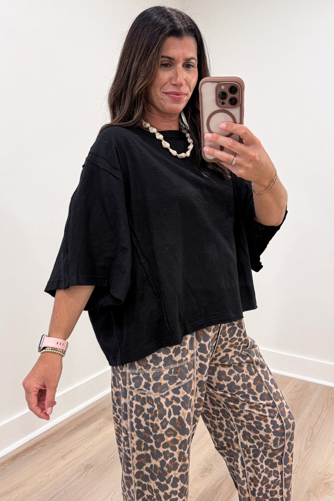 solid black drop shoulder short sleeve crew neckline oversized boxy fit cotton t-shirt
