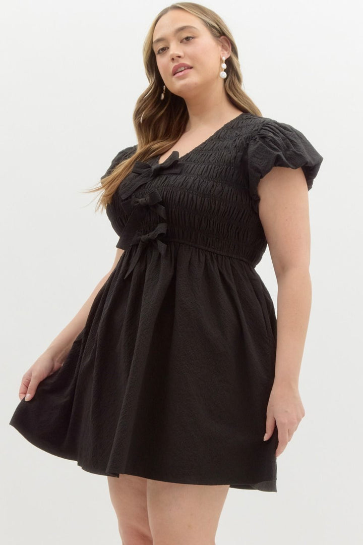 Entro plus size black smocked dress with bow tie details