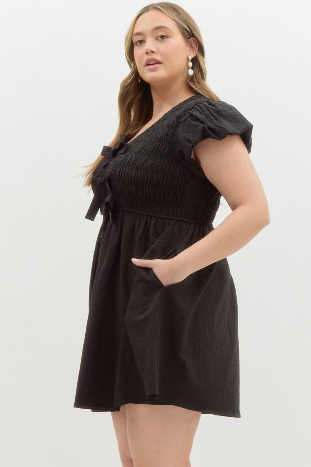 Entro plus size black smocked dress with bow tie details