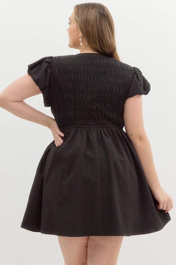 Entro plus size black smocked dress with bow tie details
