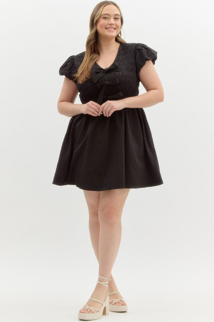 Entro plus size black smocked dress with bow tie details