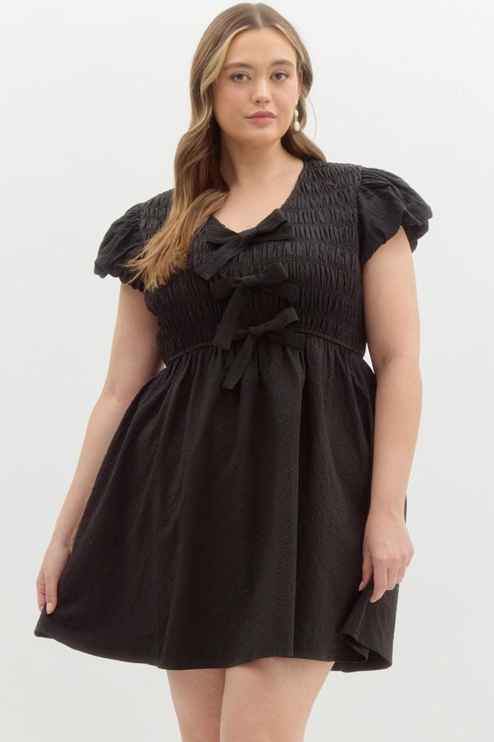 Entro plus size black smocked dress with bow tie details