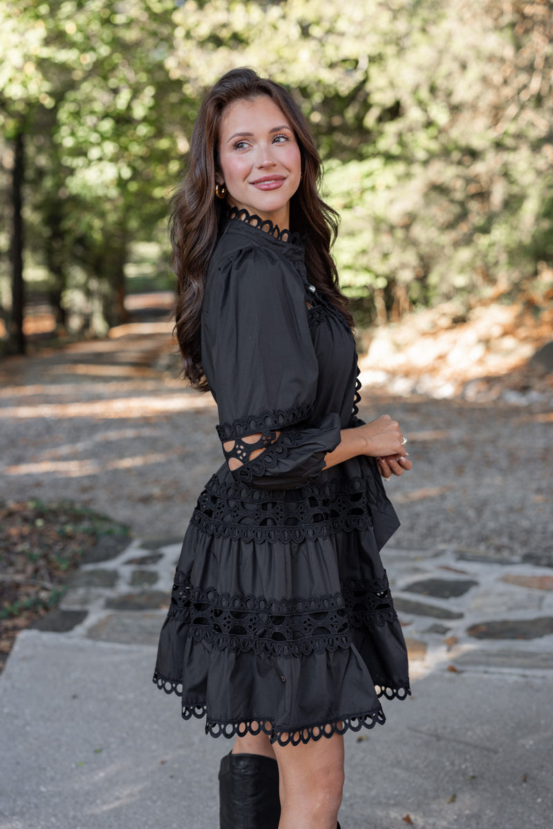 black lace pearl button dress