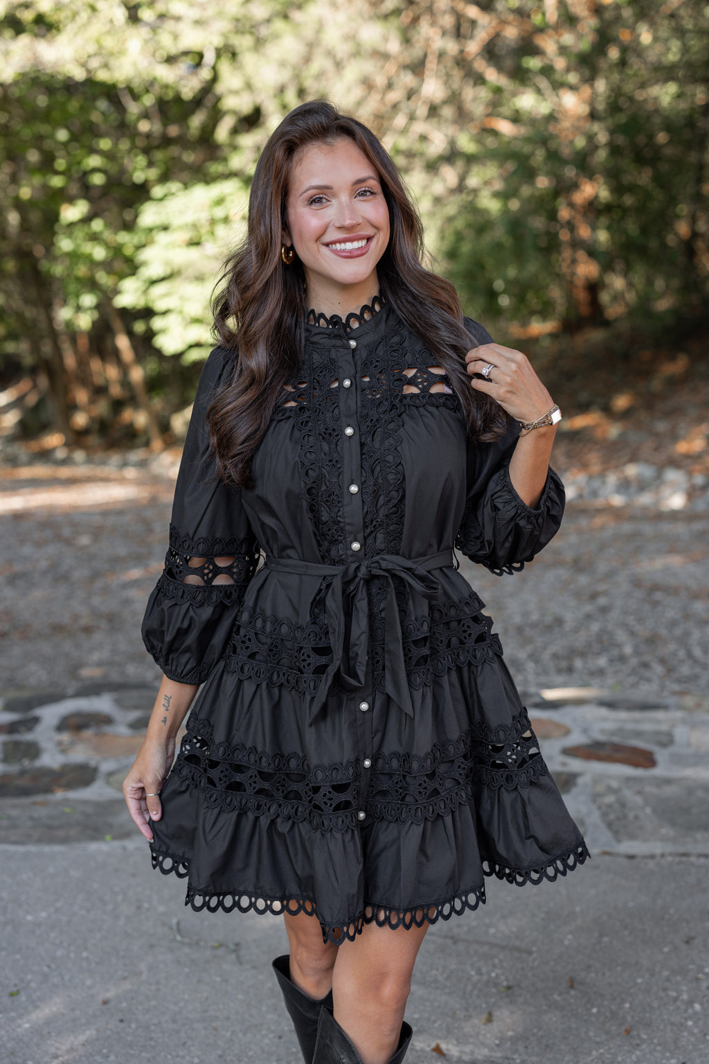 black lace pearl button dress