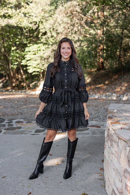 black lace pearl button dress