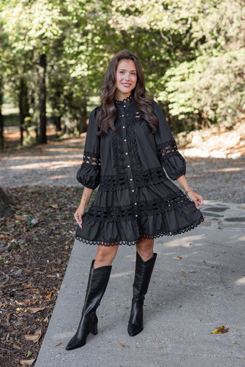 black lace pearl button dress