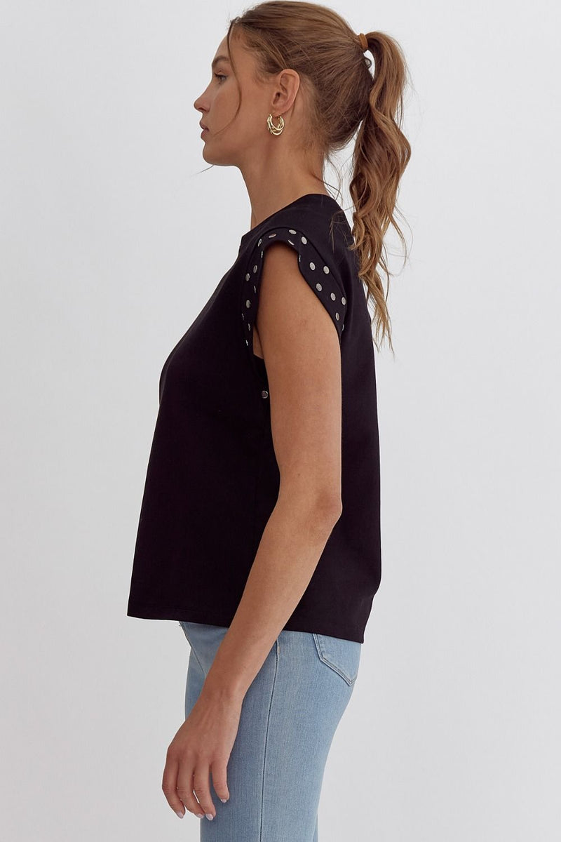 Entro Black top with matte silver metal studded short cap sleeves