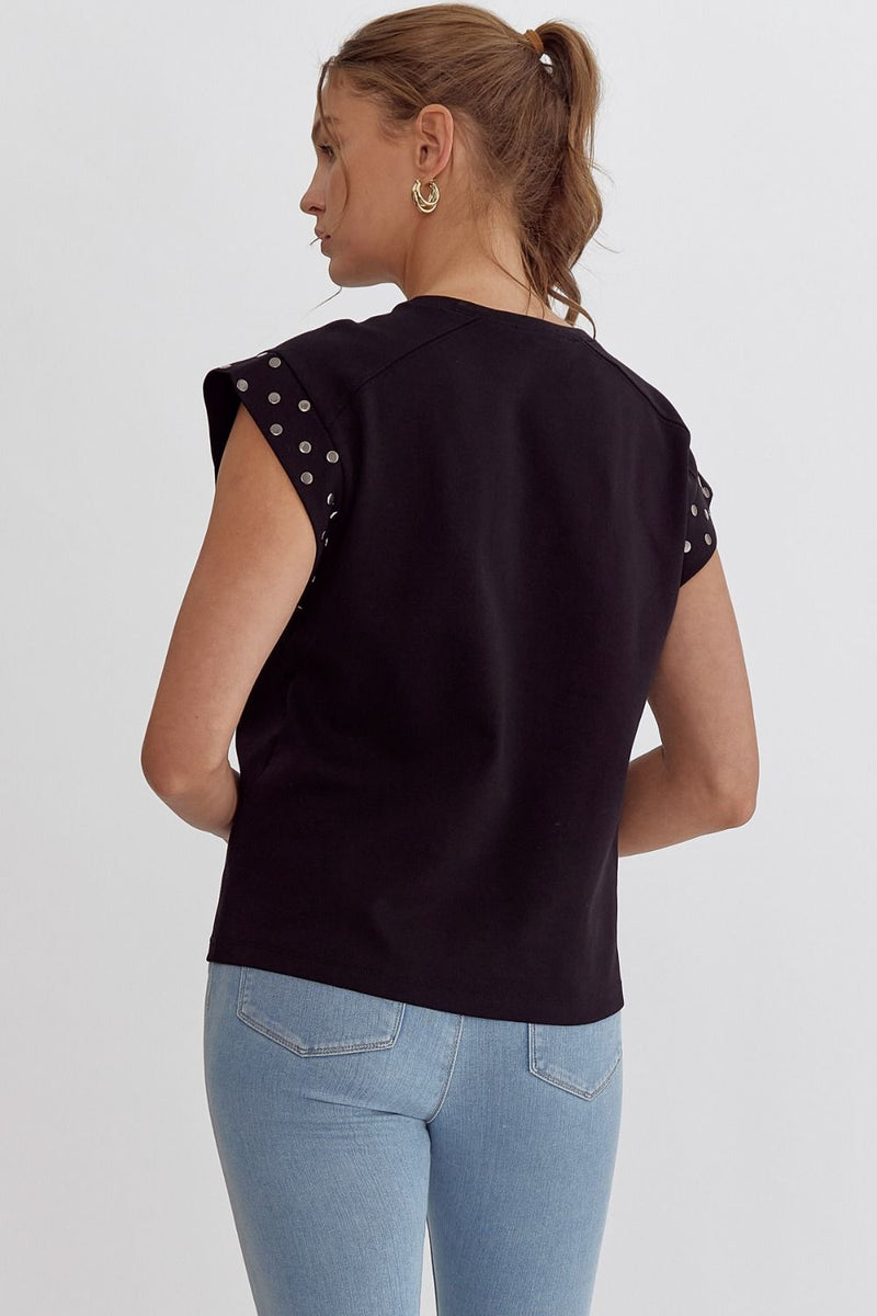 Entro Black top with matte silver metal studded short cap sleeves