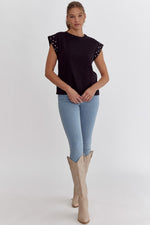 Entro Black top with matte silver metal studded short cap sleeves