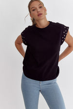 Entro Black top with matte silver metal studded short cap sleeves