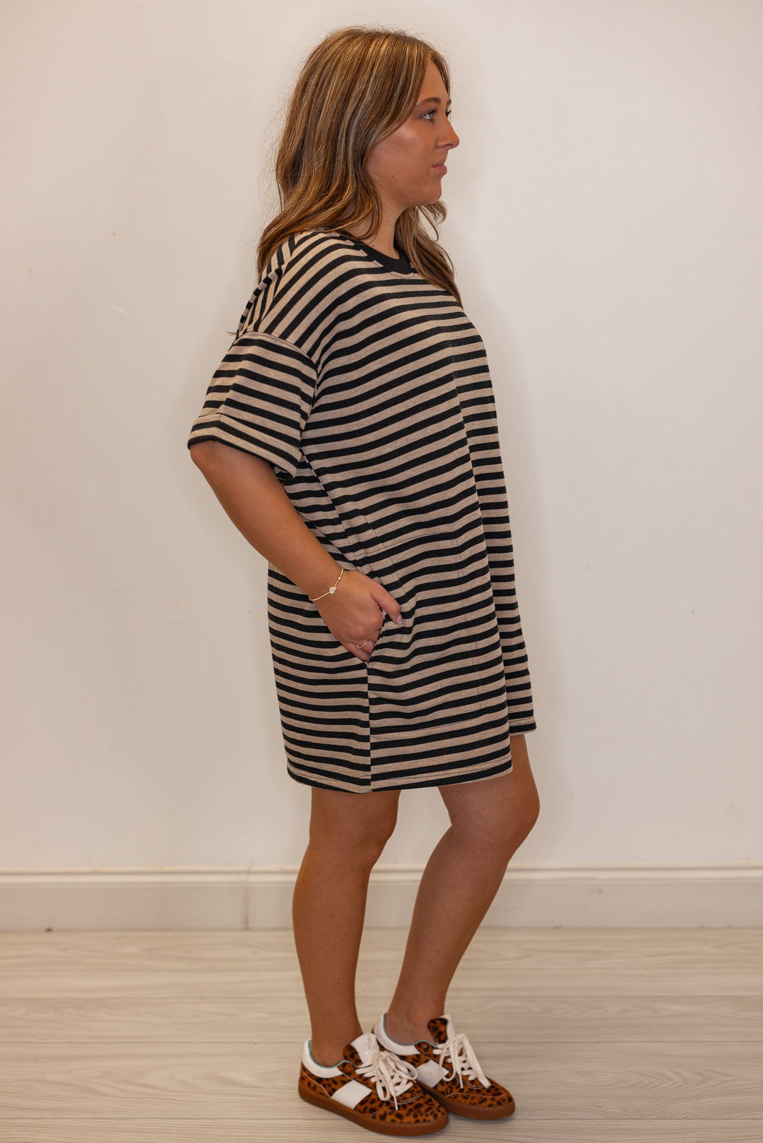 black striped cotton knit oversized shirt dress
