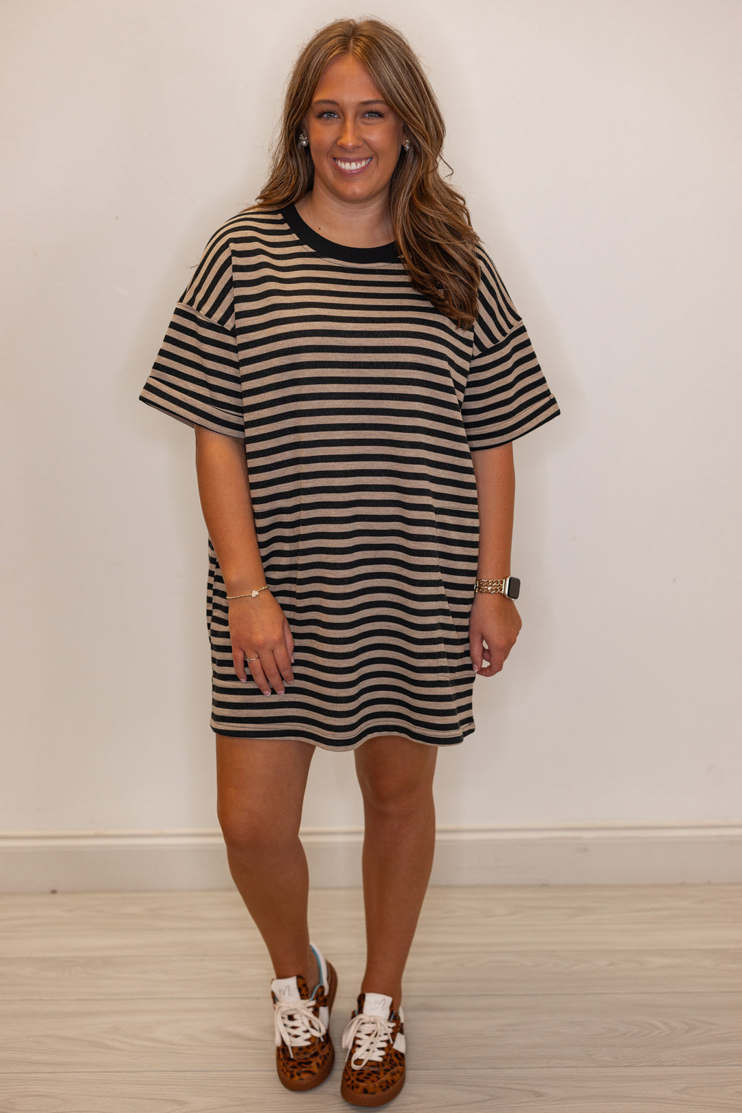 black tan striped cotton knit oversized shirt dress