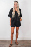 black waffle knit shorts set