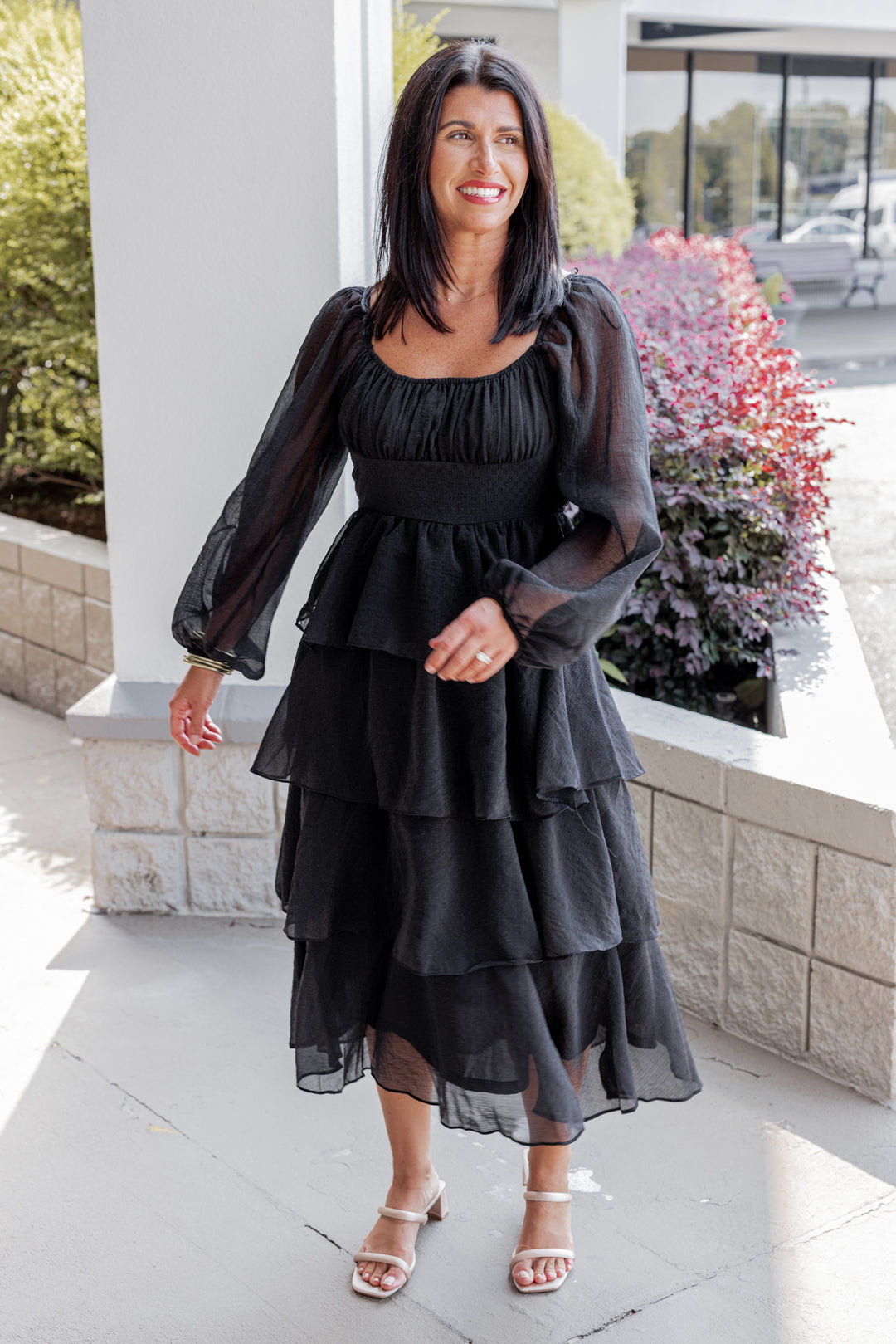 Women's black ruffle layer tiered midi dress with black shimmering details Blu Pepper, perfect for fall weddings