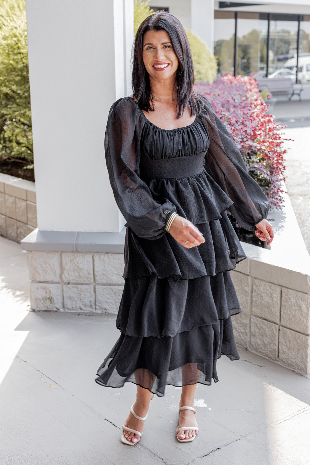 Women's black ruffle layer tiered midi dress with black shimmering details Blu Pepper