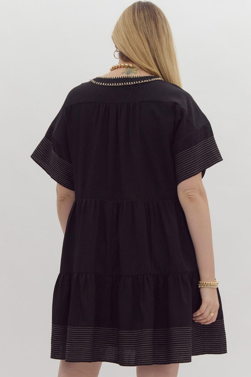 Entro Black tiered dress with cream scalloped embroidery trim