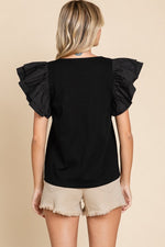 Jodifl Black top with ruffle layered puff sleeves