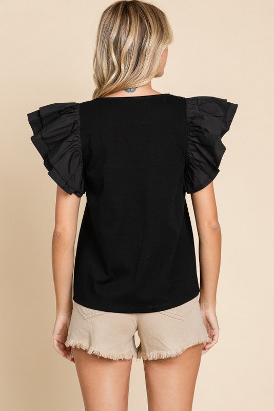 Jodifl Black top with ruffle layered puff sleeves