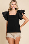 Jodifl Black top with ruffle layered puff sleeves