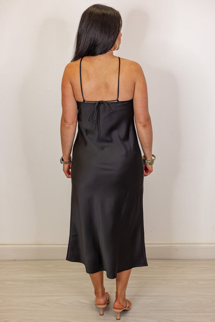 satin black wedding guest midi dress