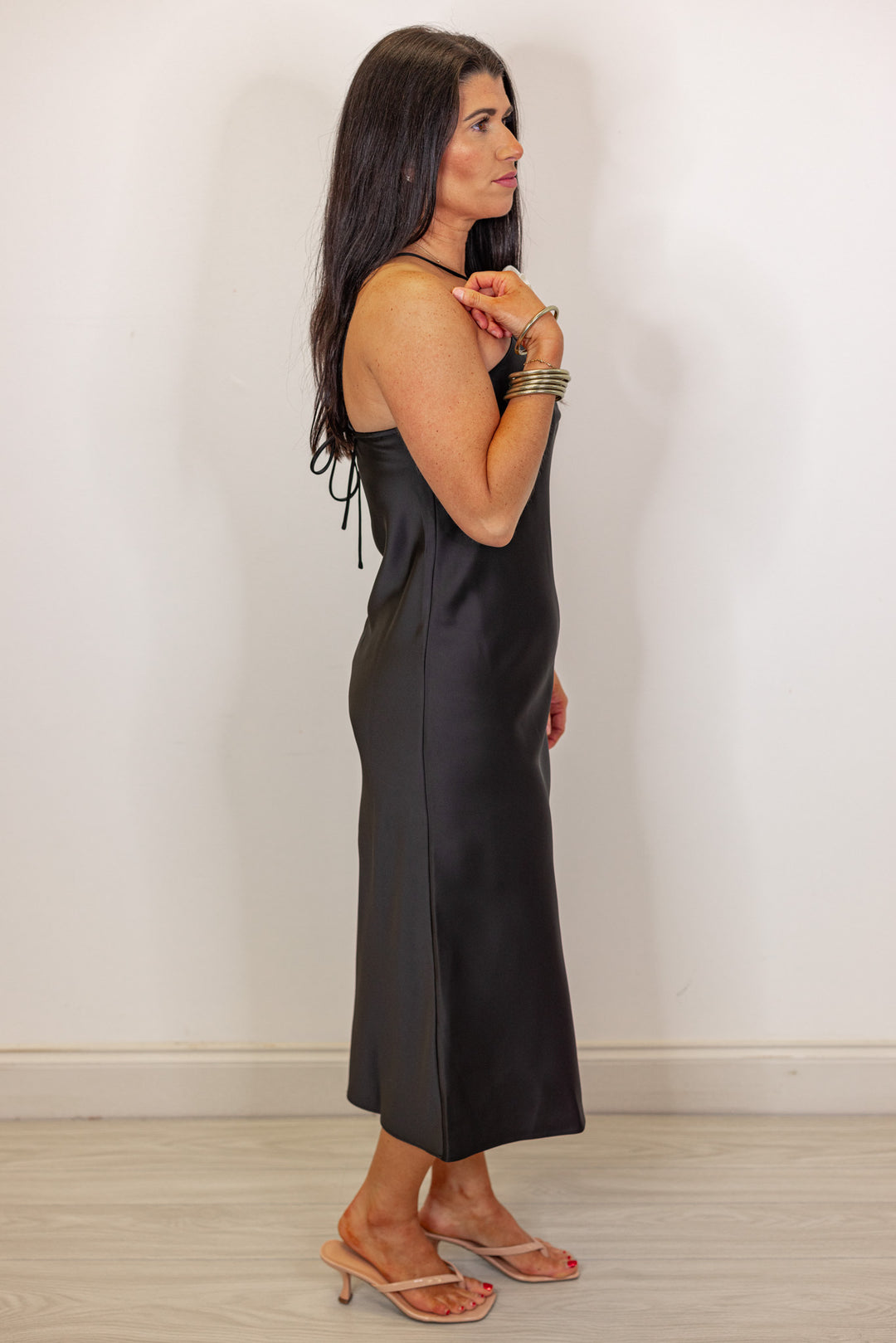 satin black wedding guest midi dress