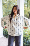 ivory black bow printed button down top