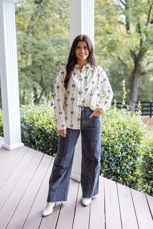 ivory black bow printed button down top