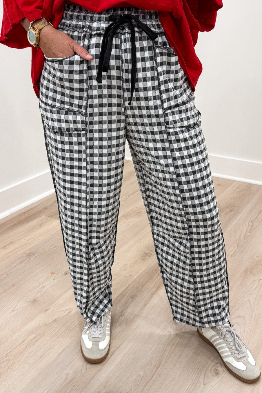 black and white gingham checkered print relaxed barrel leg soft knit pants with layered front pockets