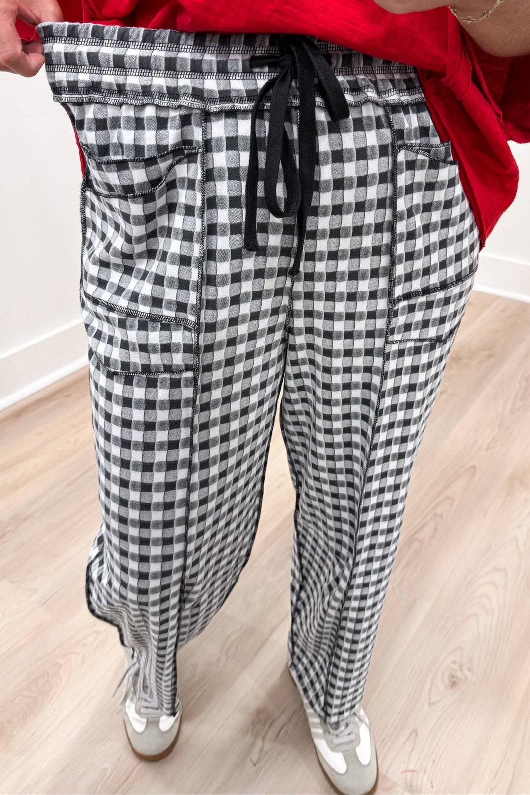 black and white gingham checkered print drawstring elastic waist relaxed barrel leg soft knit pants
