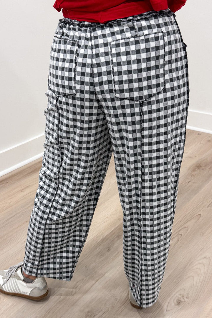 black and white gingham checkered print relaxed barrel leg soft knit pants with back pockets