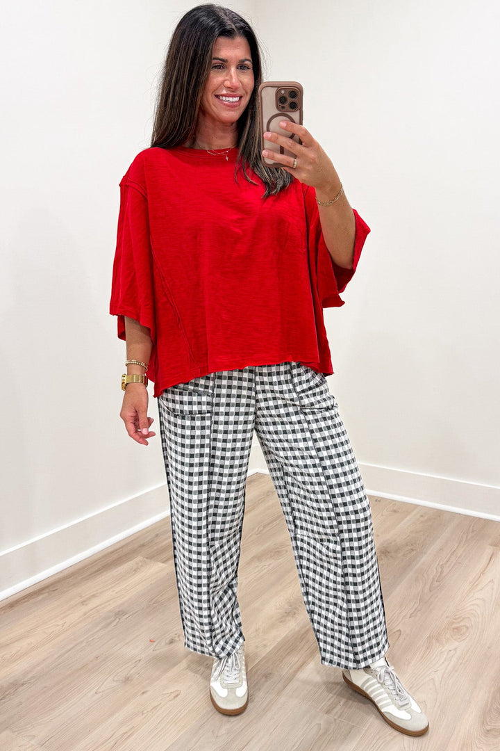 black and white gingham checkered print relaxed barrel leg soft knit pants