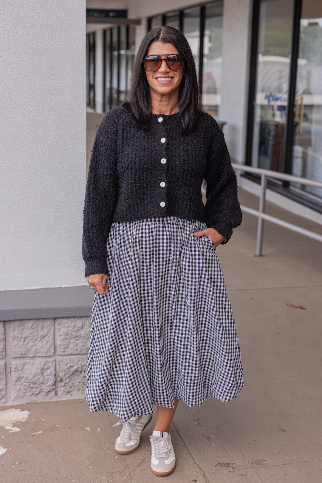 Women's black fuzzy knit textured button front sweater cardigan by hyfve showing full front view