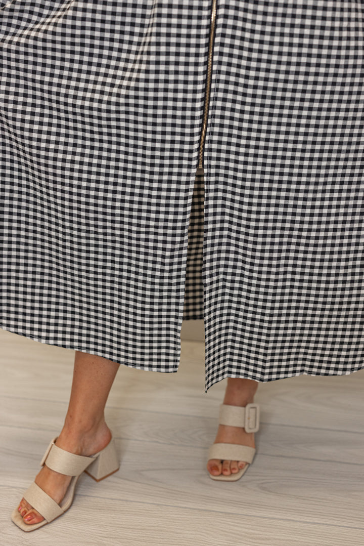 black white gingham smocked waist midi dress