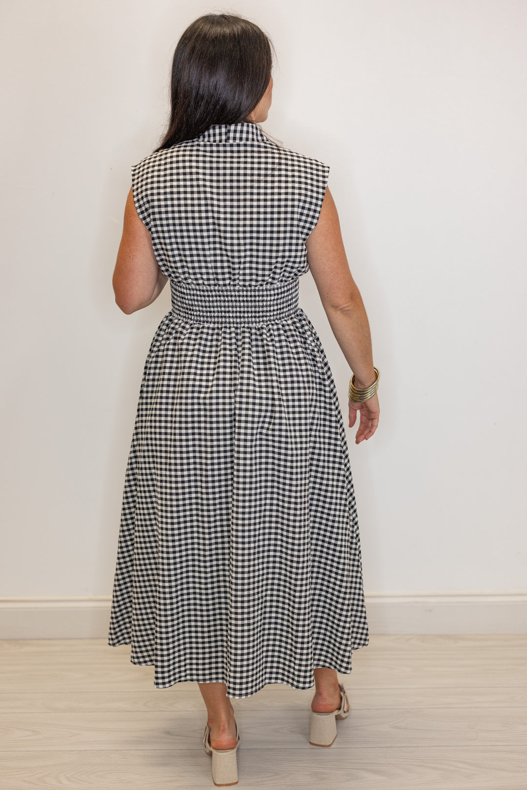 black white gingham smocked waist midi dress