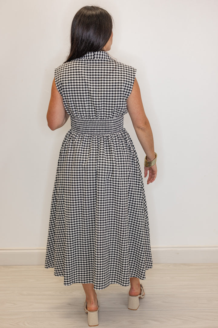 black white gingham smocked waist midi dress