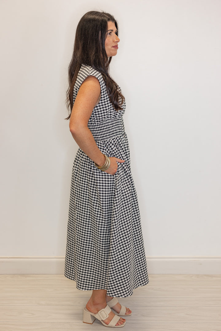 black white gingham smocked waist midi dress