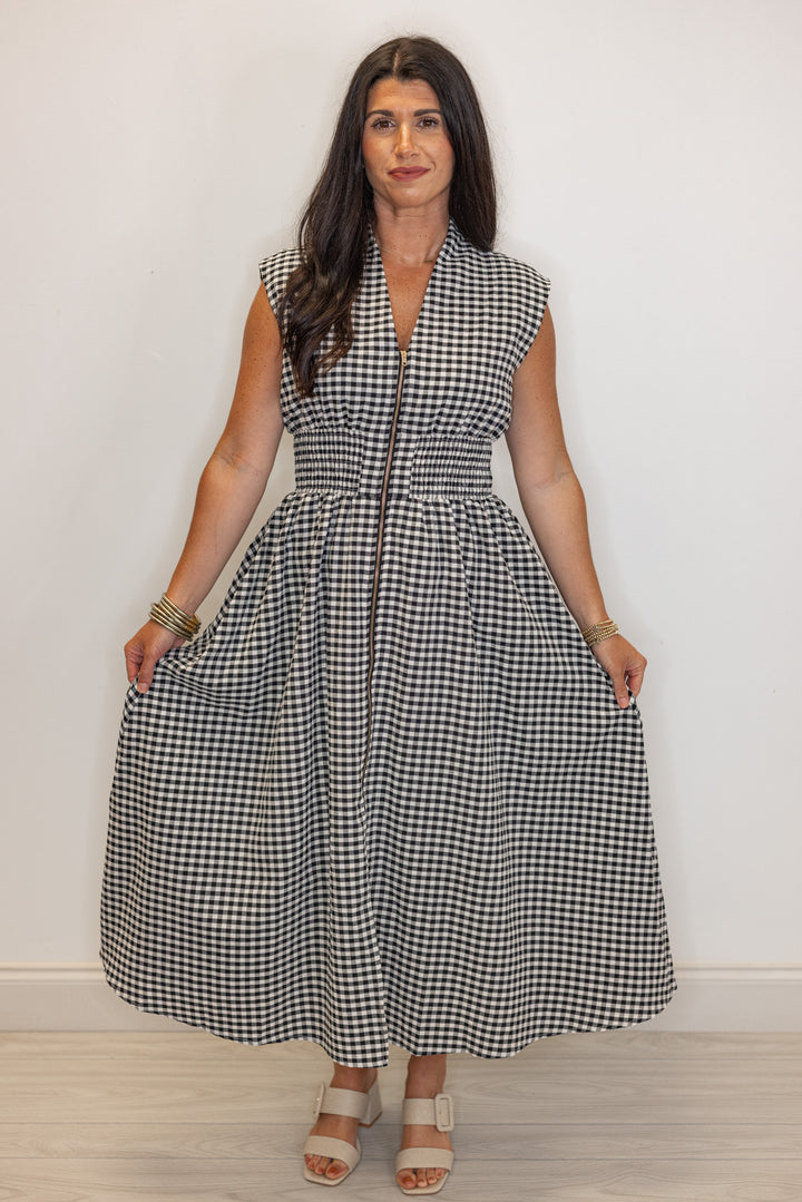 black white gingham smocked waist midi dress