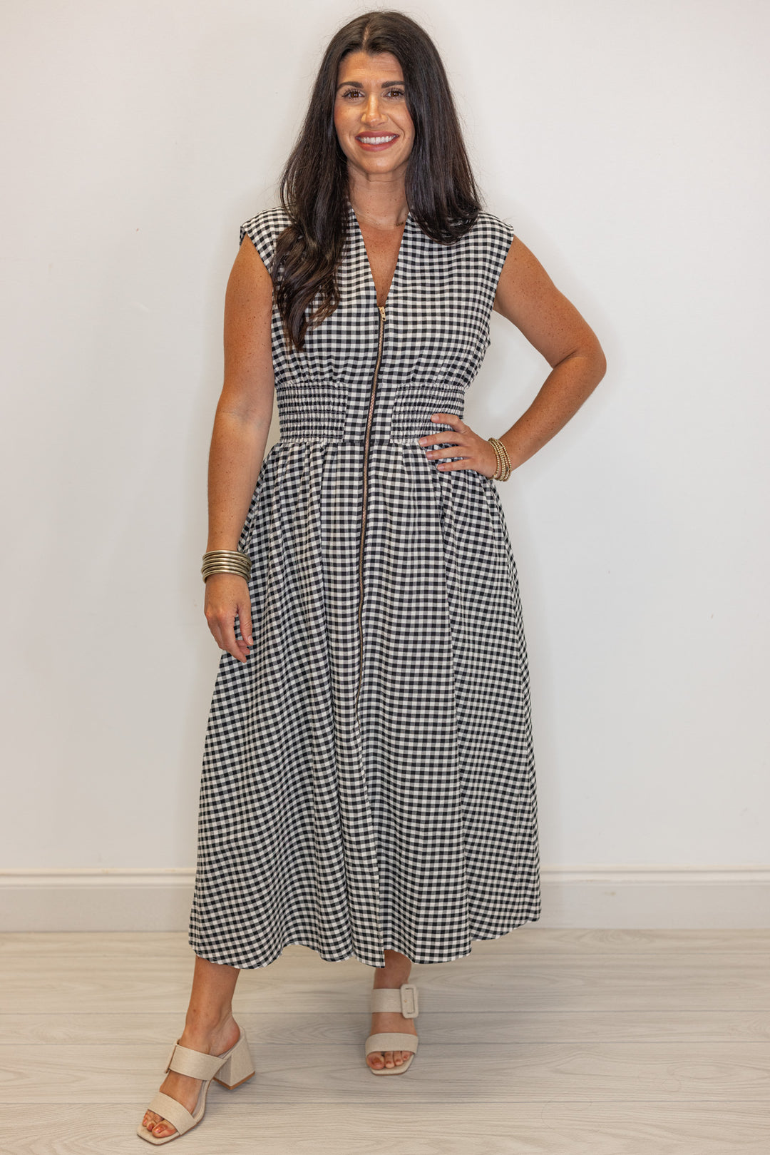 black white gingham smocked waist midi dress