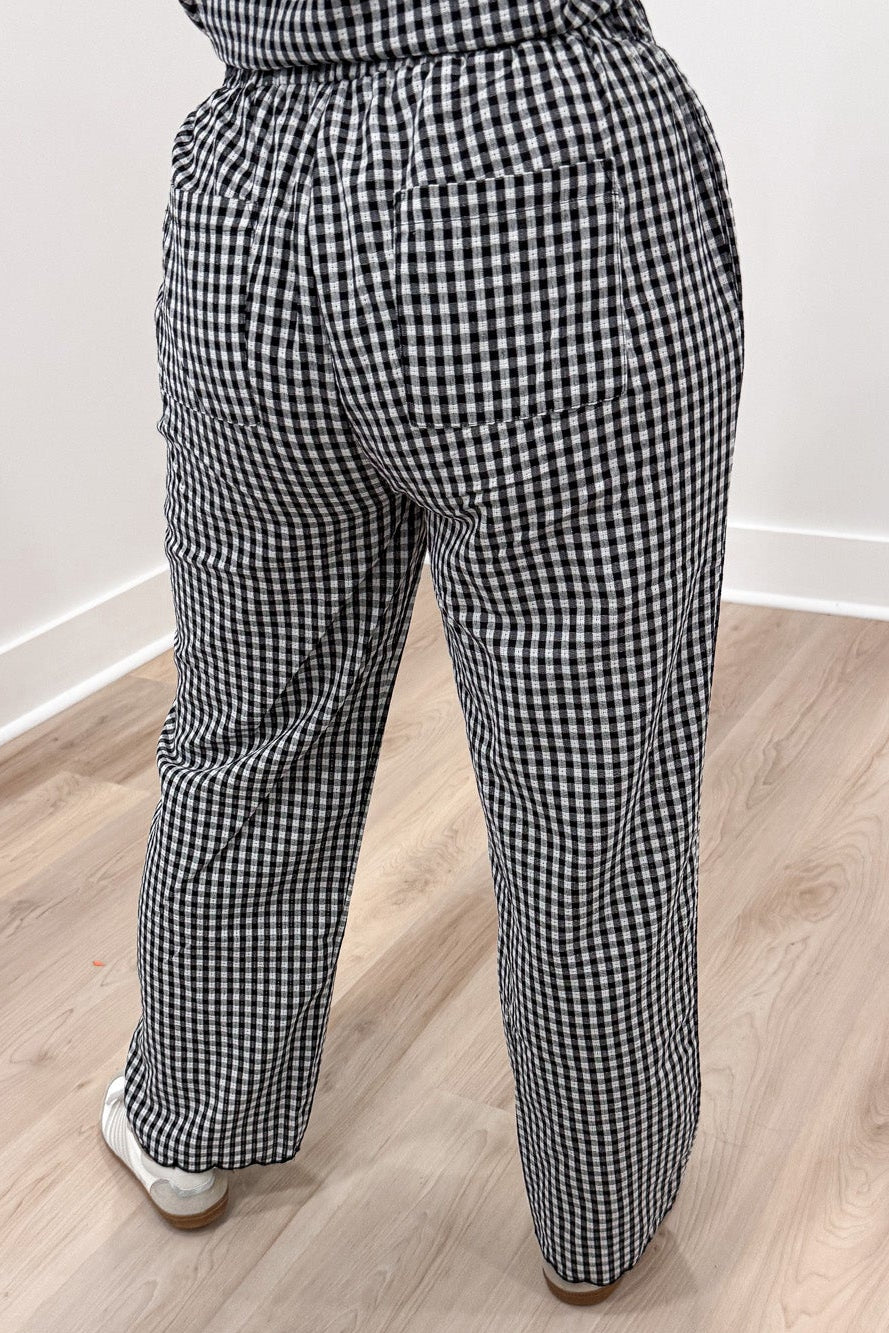 black and white gingham checkered print scalloped trim top and back pocket pants matching set