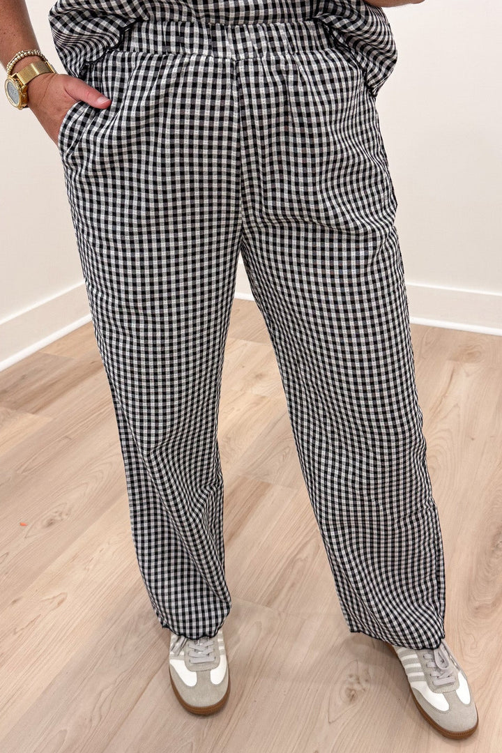 black and white gingham checkered print scalloped trim top and wide leg pants matching set