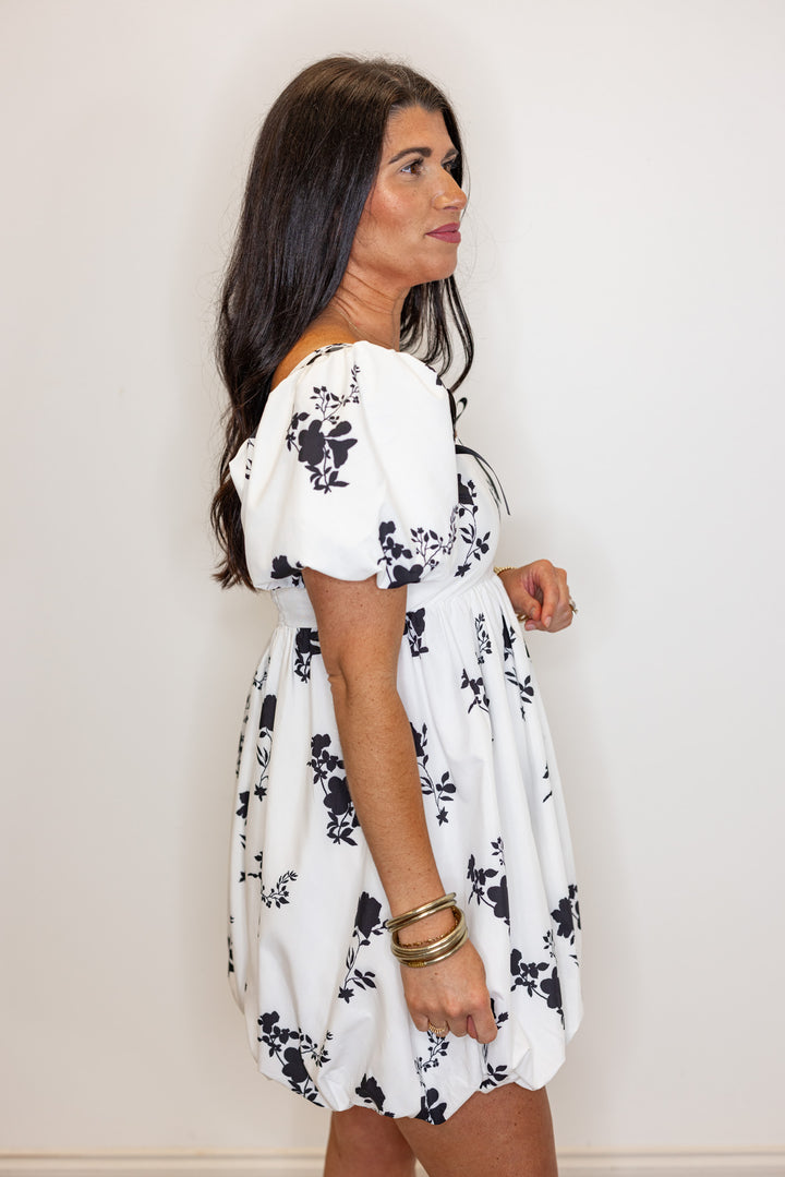 white black floral bow bubble hem dress