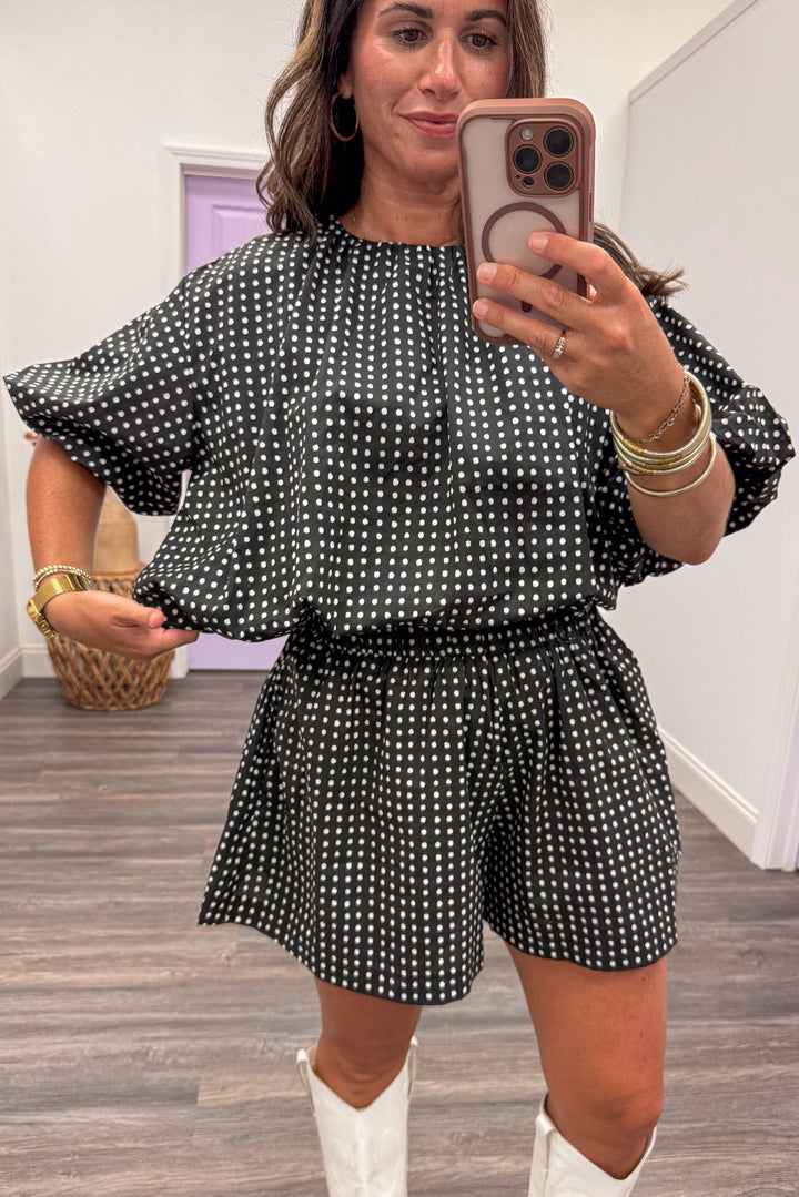 black and white polka dot print puff sleeve bubble hem semi-cropped cotton poplin top