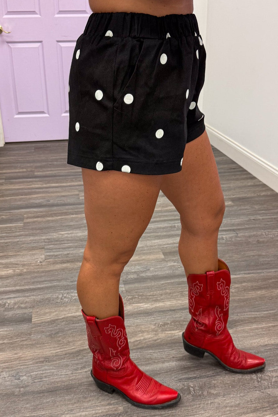 black with white polka dot print elastic waist denim shorts