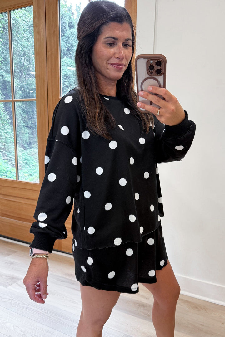 black with white polka dot print crew neckline top and skort matching terry cotton knit set